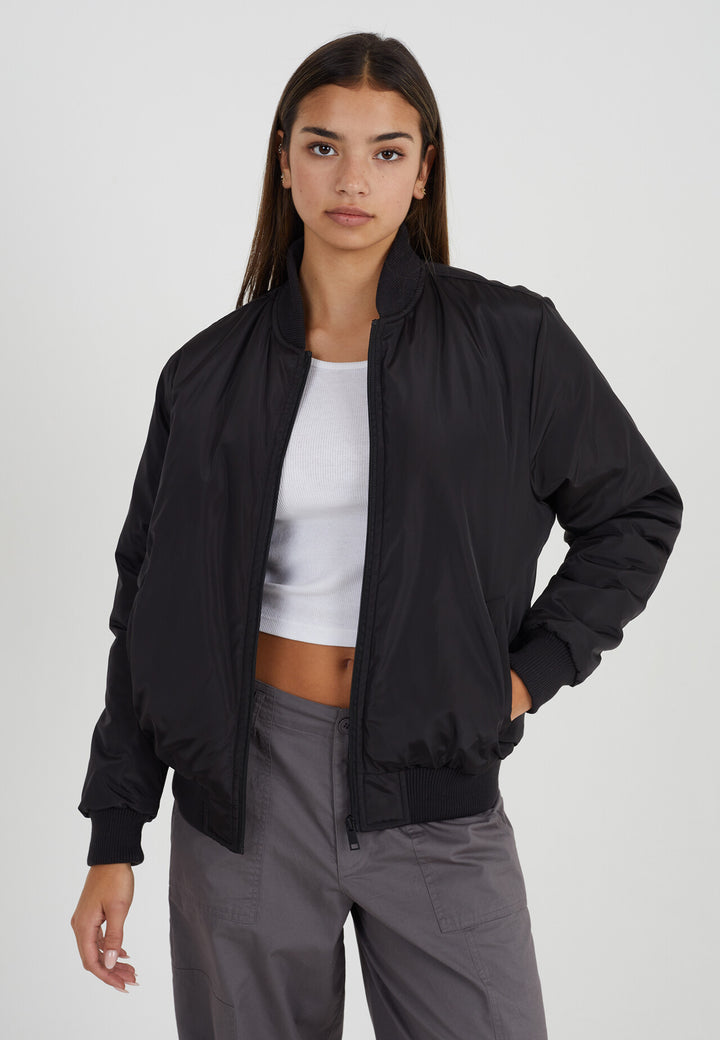 BLACK RUCHED SLEEVE OVERSIZED BOMBER JACKET