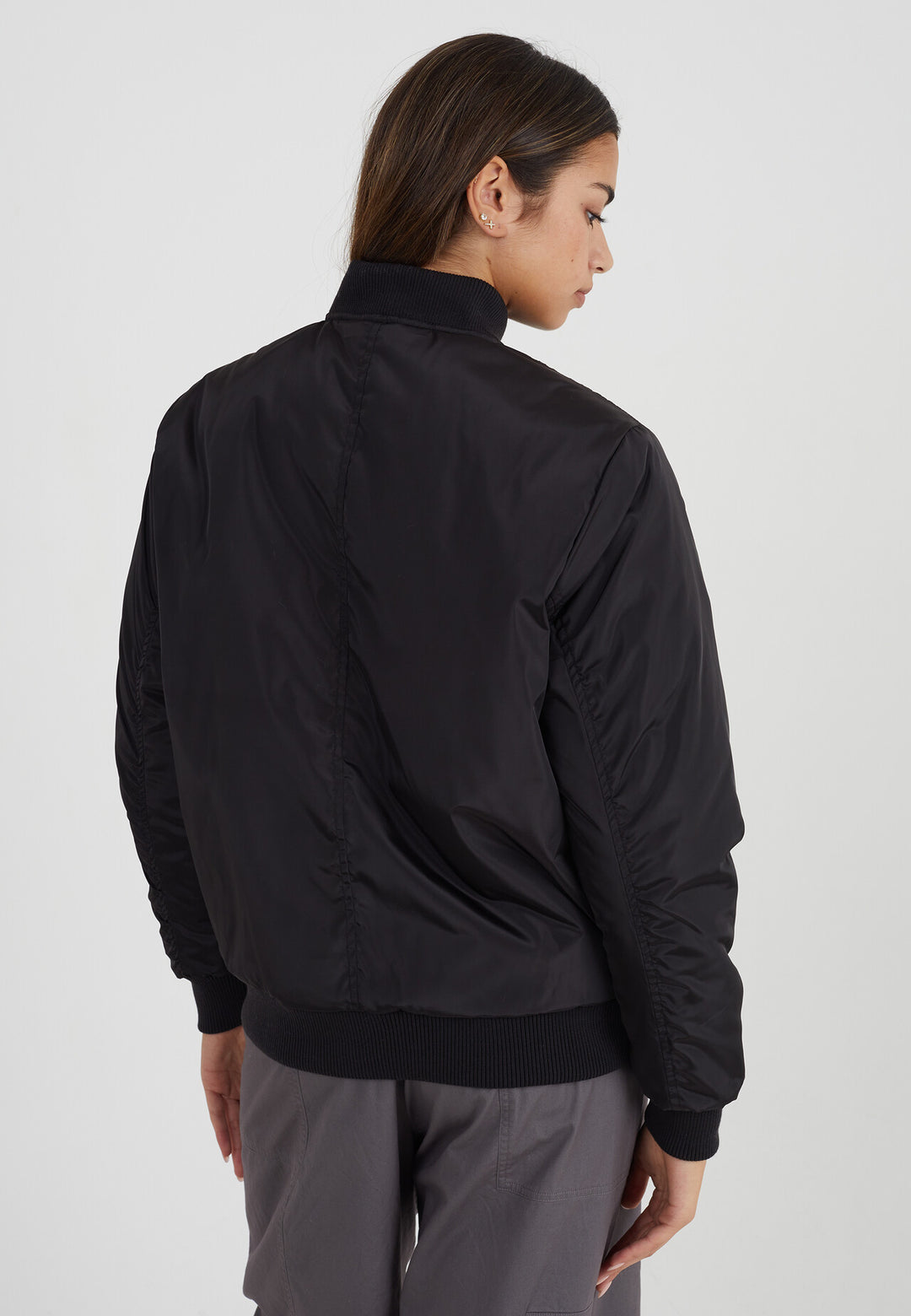 BLACK RUCHED SLEEVE OVERSIZED BOMBER JACKET