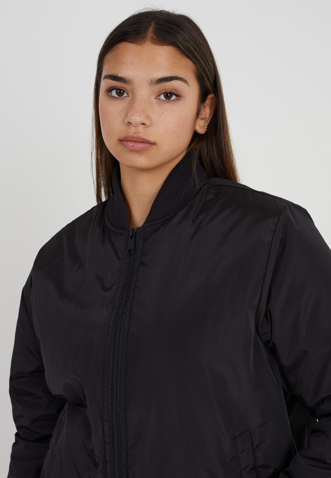 BLACK RUCHED SLEEVE OVERSIZED BOMBER JACKET