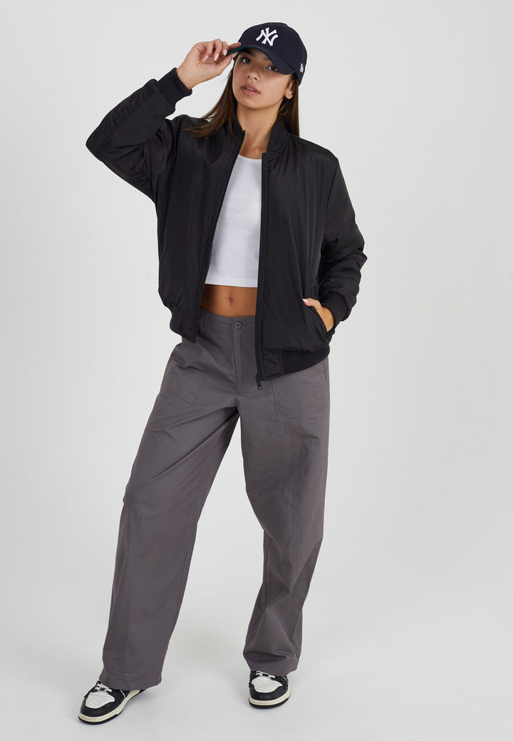 BLACK RUCHED SLEEVE OVERSIZED BOMBER JACKET
