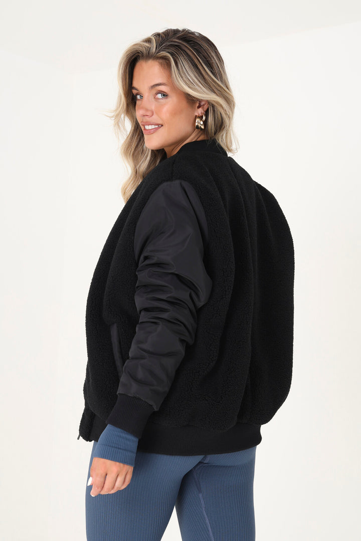 BLACK BORG BODY BOMBER JACKET WITH FABRIC SLEEVES