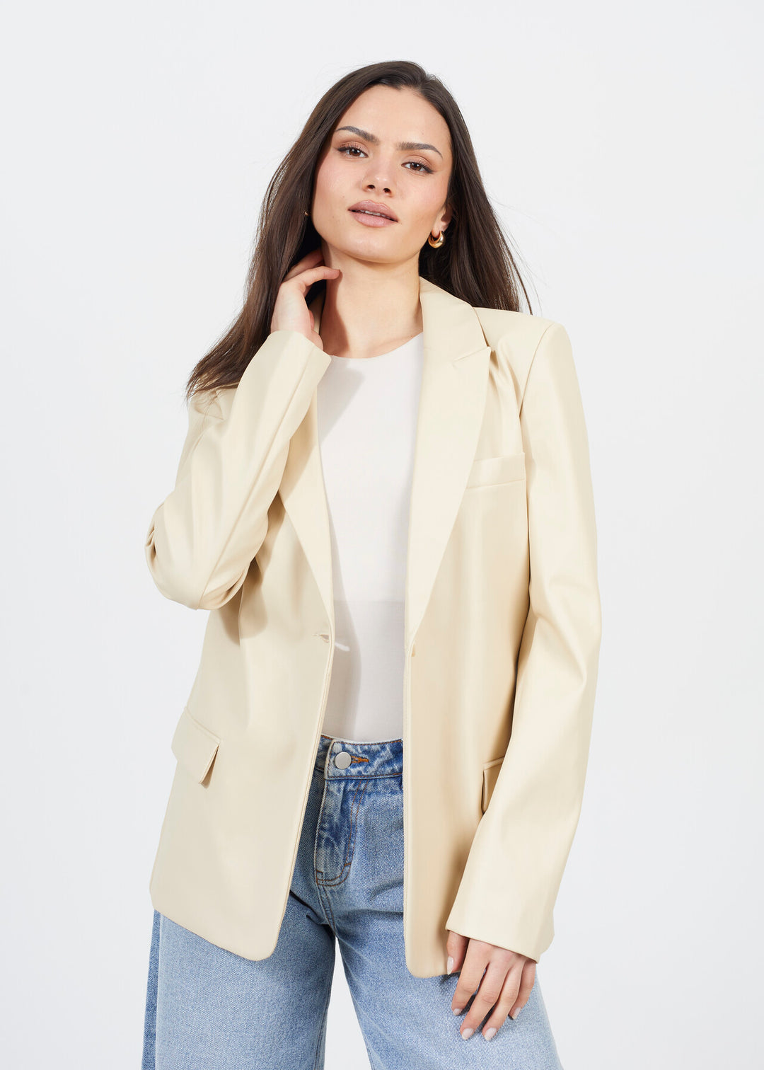 STONE FAUX LEATHER CHEST POCKET DETAIL BLAZER