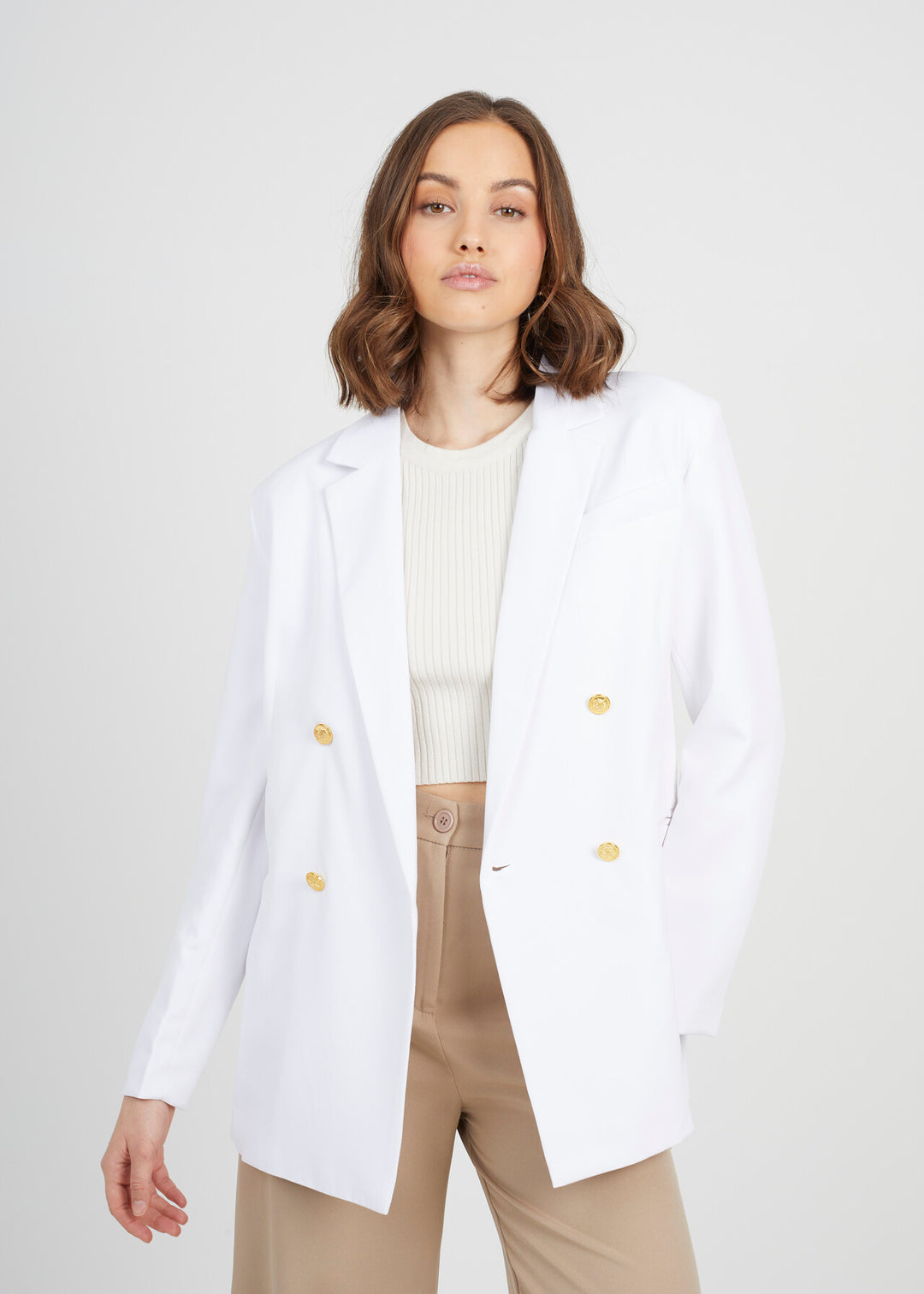 WHITE DOUBLE BREASTED PADDED SHOULDER BLAZER