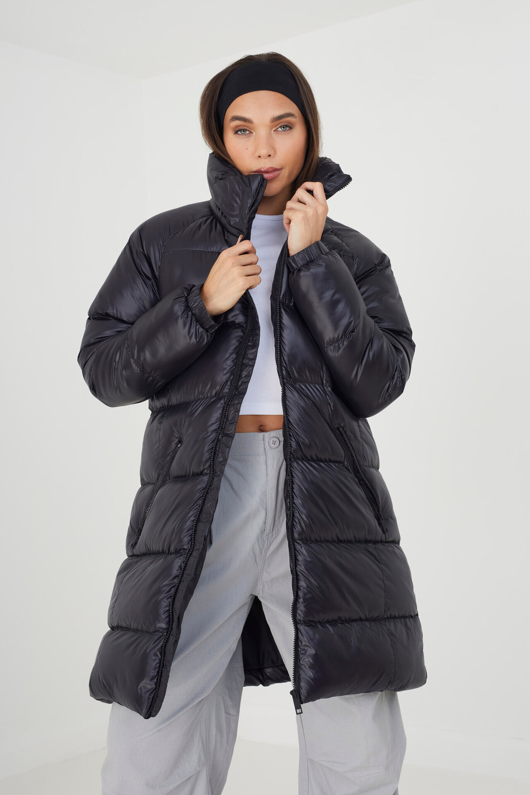 BLACK HIGH SHINE LONGER LENGTH PUFFER COAT