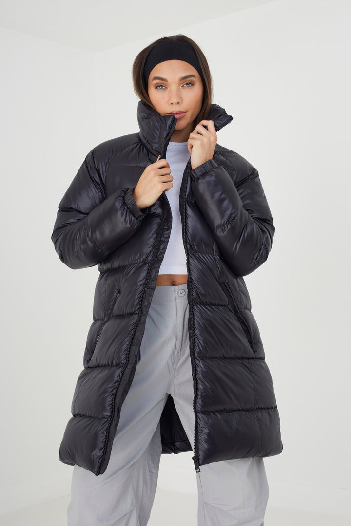 BLACK HIGH SHINE LONGER LENGTH PUFFER COAT