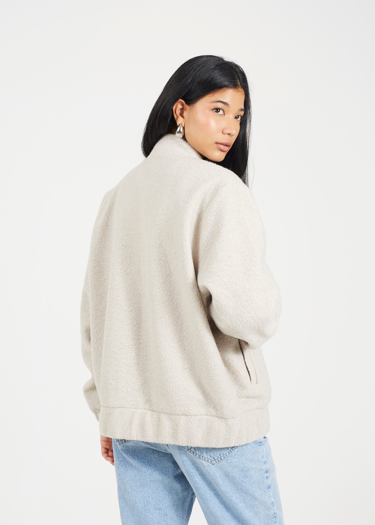 WOMENS WHOLESALE FAUX WOOL BOUCLE BOMBER JACKET LIGHT GREY