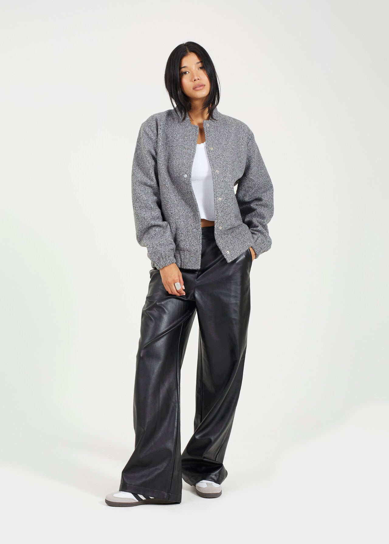 WOMENS WHOLESALE FAUX WOOL BOUCLE BOMBER JACKET GREY – Whispering