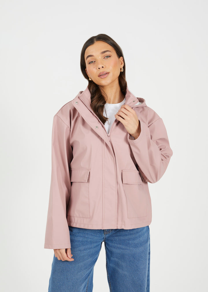 RUBBERISED HOODED RAIN MAC, BLUSH PINK