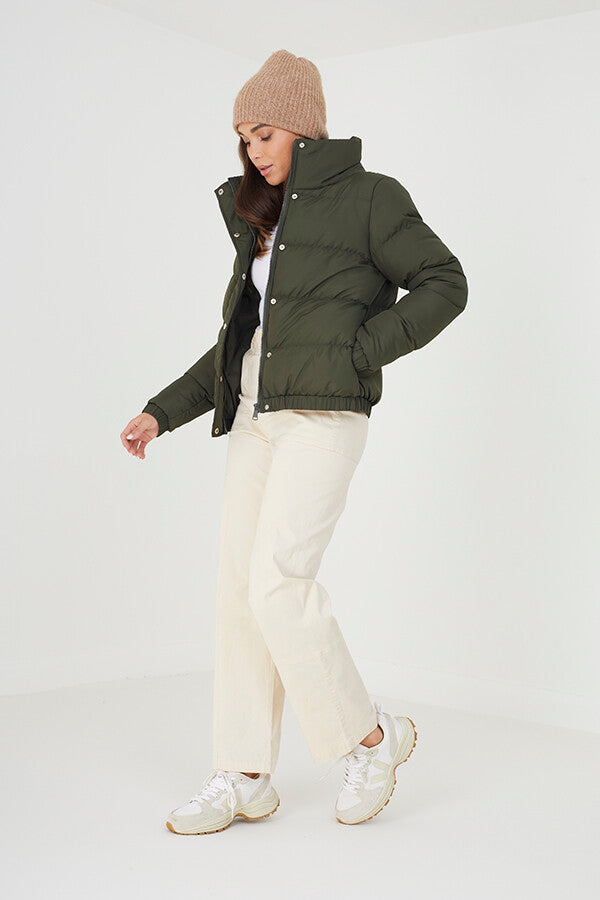 KHAKI HIGH COLLAR SNAP DETAIL PUFFER JACKET