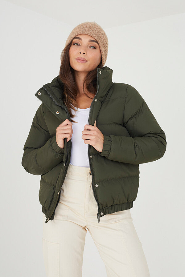 KHAKI HIGH COLLAR SNAP DETAIL PUFFER JACKET