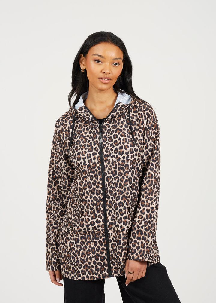 HOODED DRAWCORD RAIN MAC, LEOPARD PRINT