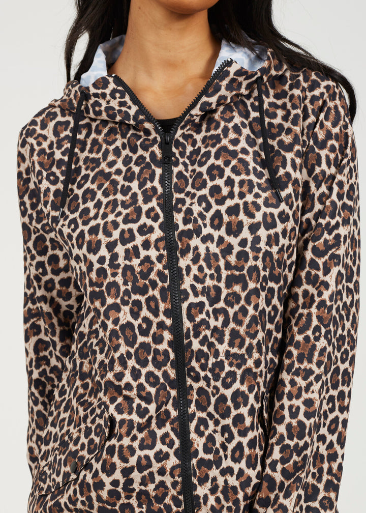 HOODED DRAWCORD RAIN MAC, LEOPARD PRINT