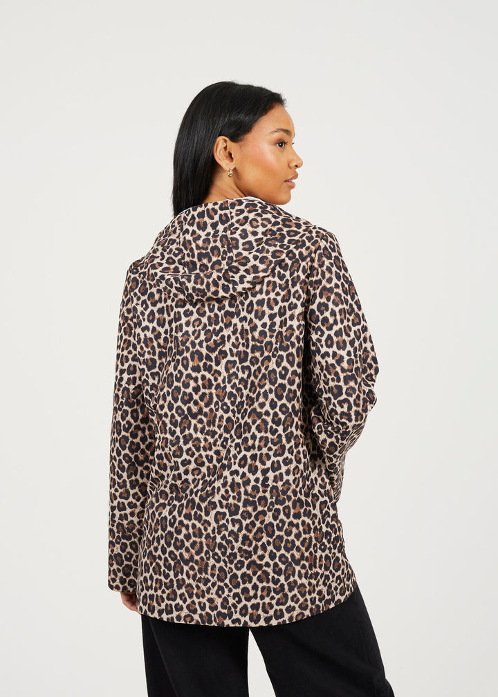 HOODED DRAWCORD RAIN MAC, LEOPARD PRINT