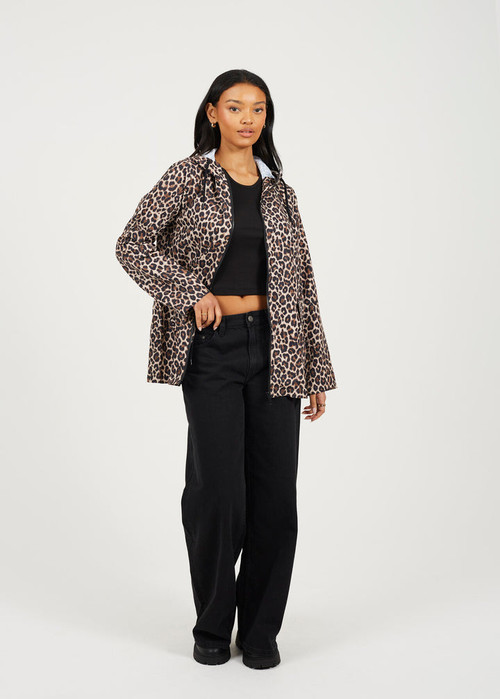 HOODED DRAWCORD RAIN MAC, LEOPARD PRINT
