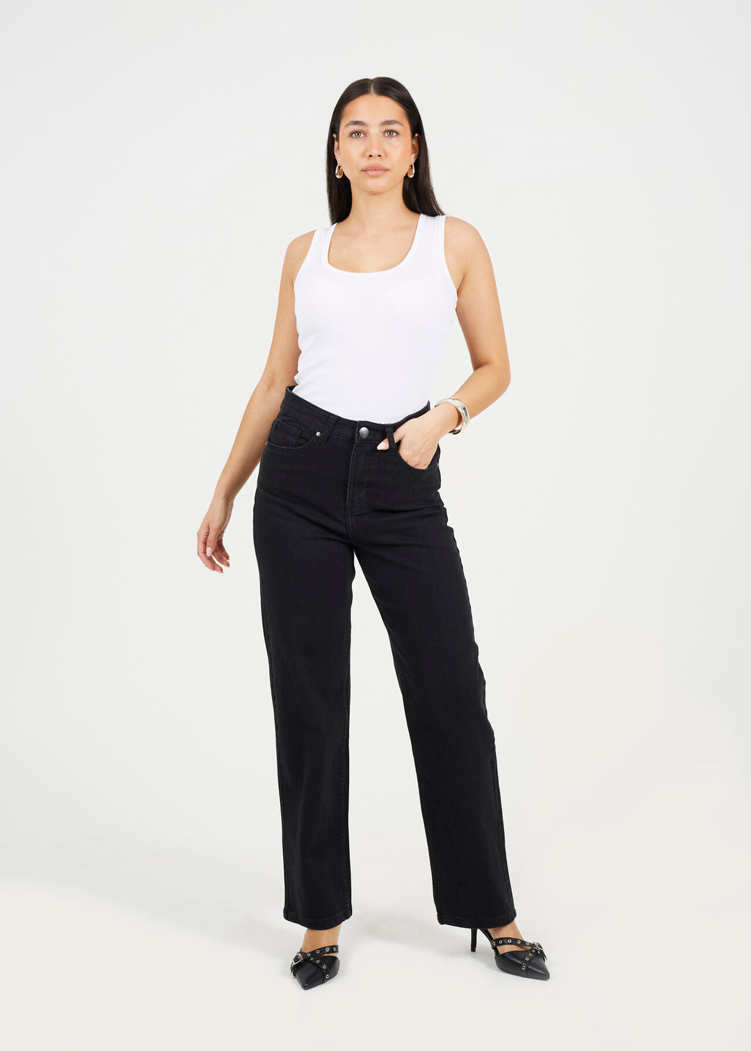 HIGH WASITED STRAIGHT LEG JEANS, BLACK