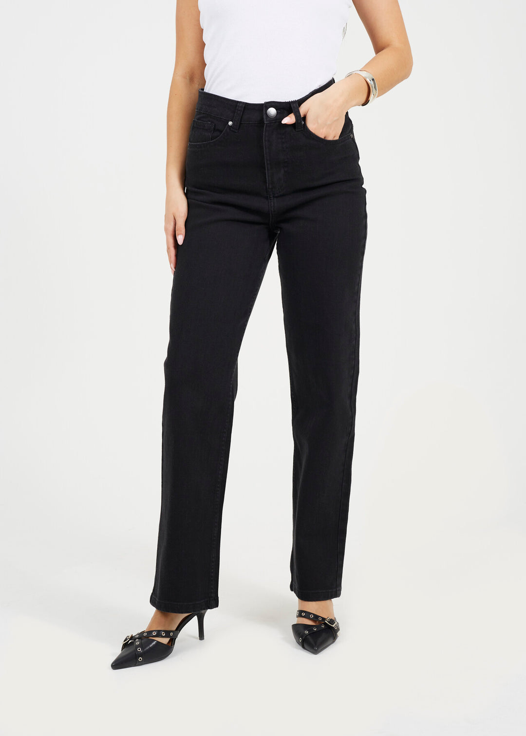 HIGH WASITED STRAIGHT LEG JEANS, BLACK