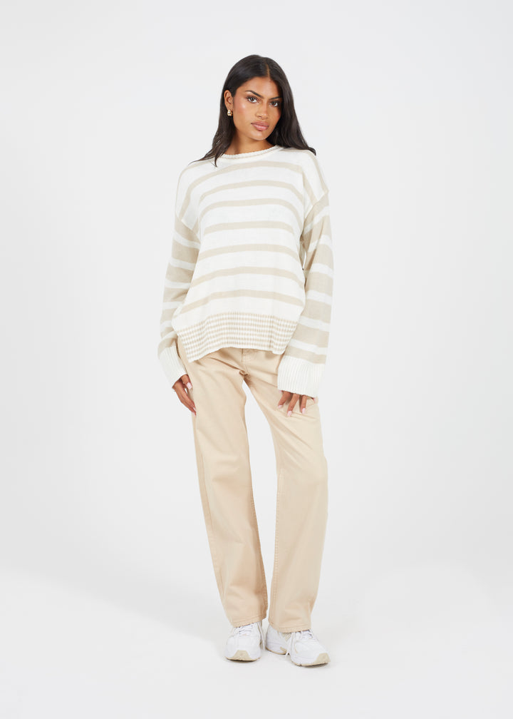 STRIPE CREW NECK TUNIC JUMPER, CREAM AND STONE