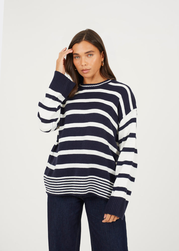 STRIPE CREW NECK TUNIC JUMPER, CREAM AND NAVY