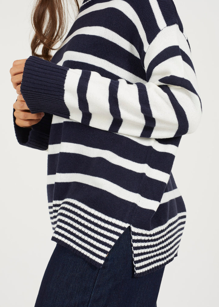 STRIPE CREW NECK TUNIC JUMPER, CREAM AND NAVY