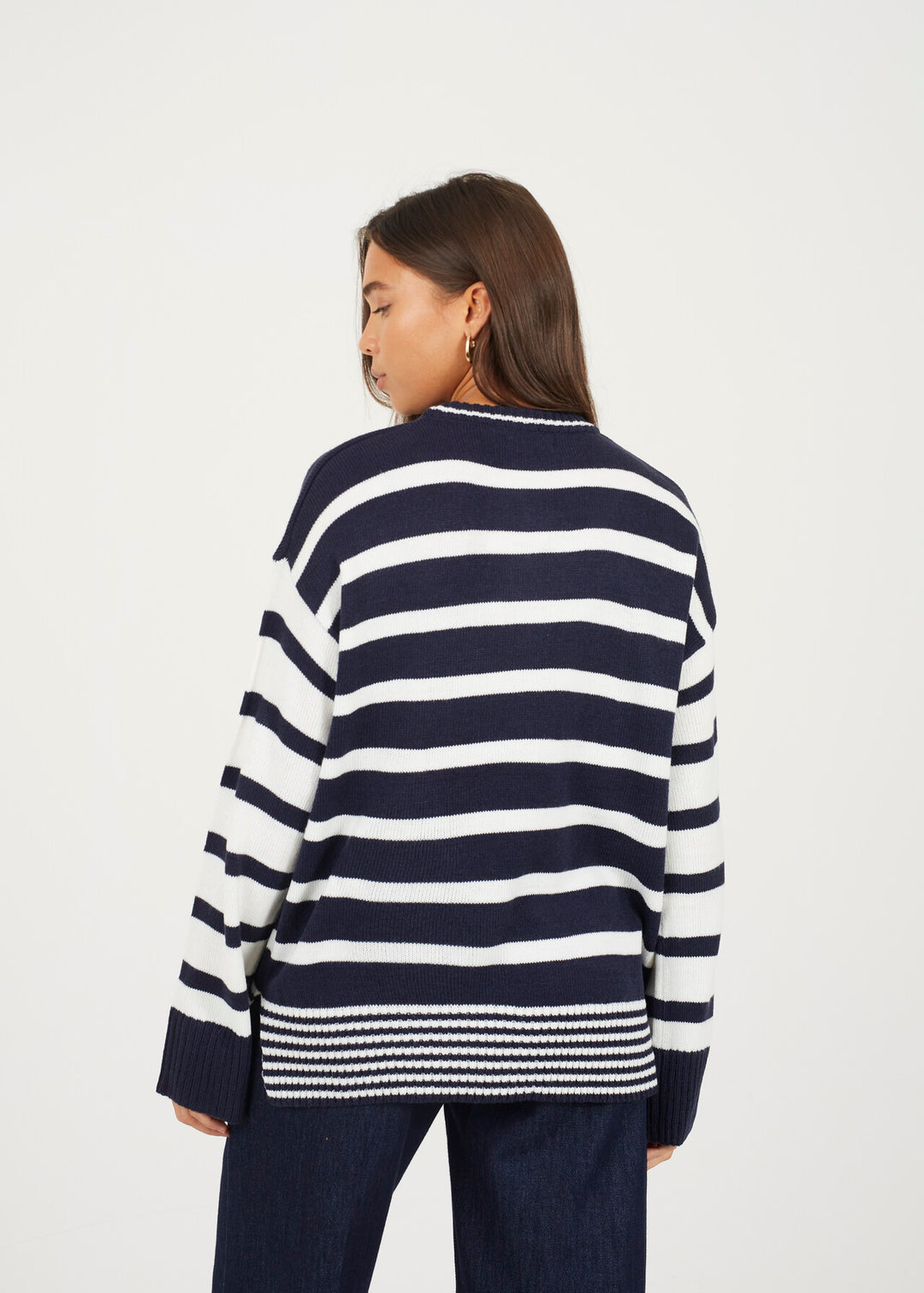 STRIPE CREW NECK TUNIC JUMPER, CREAM AND NAVY