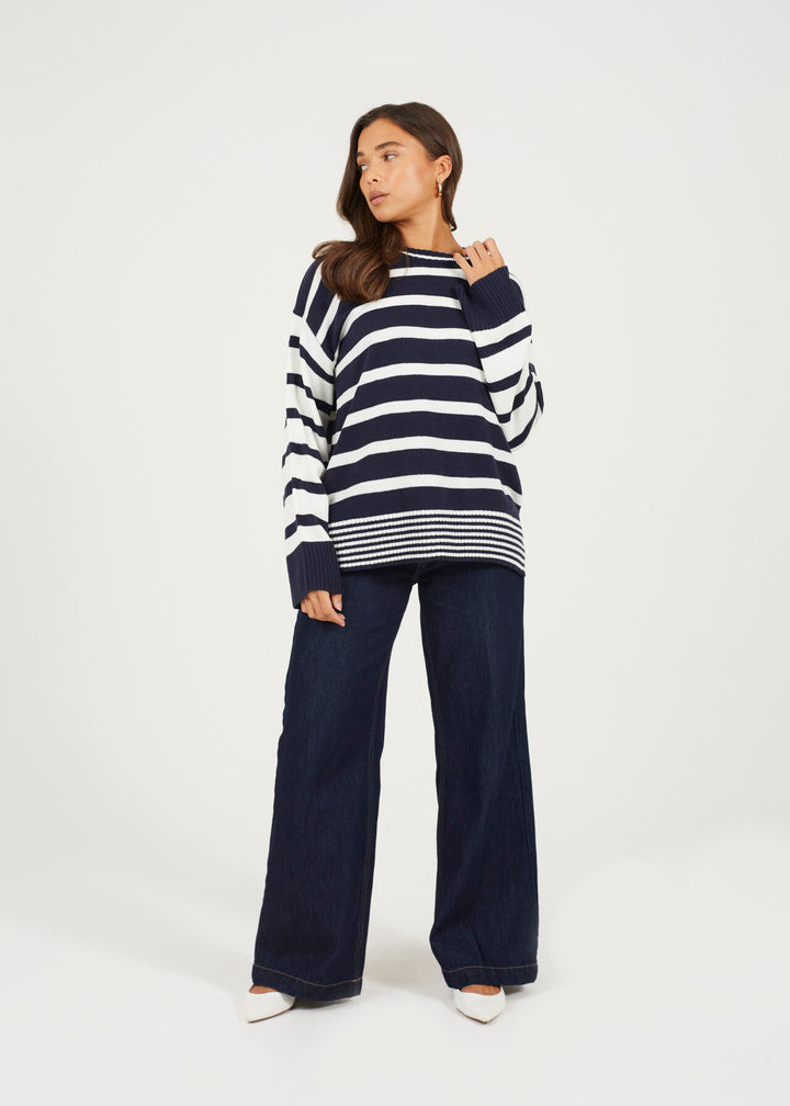STRIPE CREW NECK TUNIC JUMPER, CREAM AND NAVY