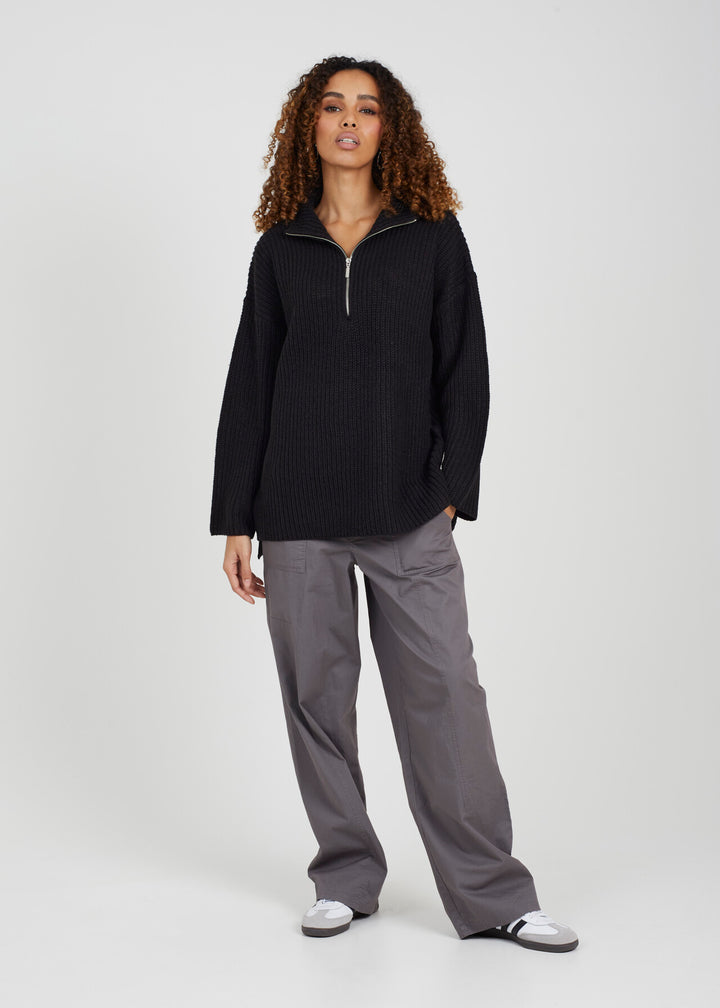 BLACK TUNIC LENGTH FISHRMAN KNIT JUMPER WITH ZIP