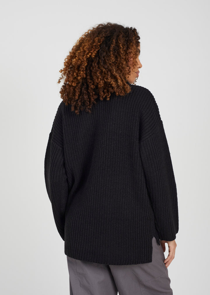 BLACK TUNIC LENGTH FISHRMAN KNIT JUMPER WITH ZIP