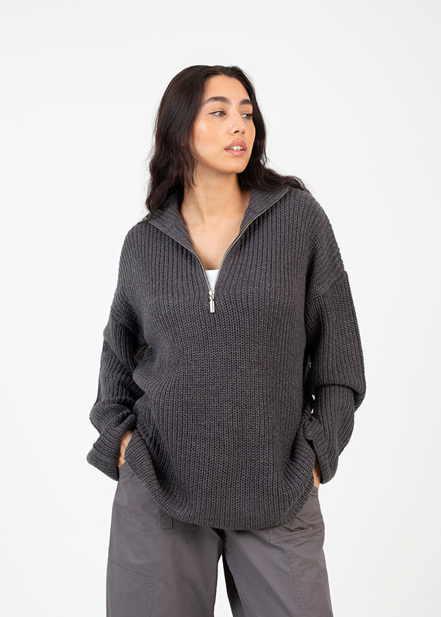 TUNIC LENGTH FISHERMAN KNIT JUMPER WITH ZIP