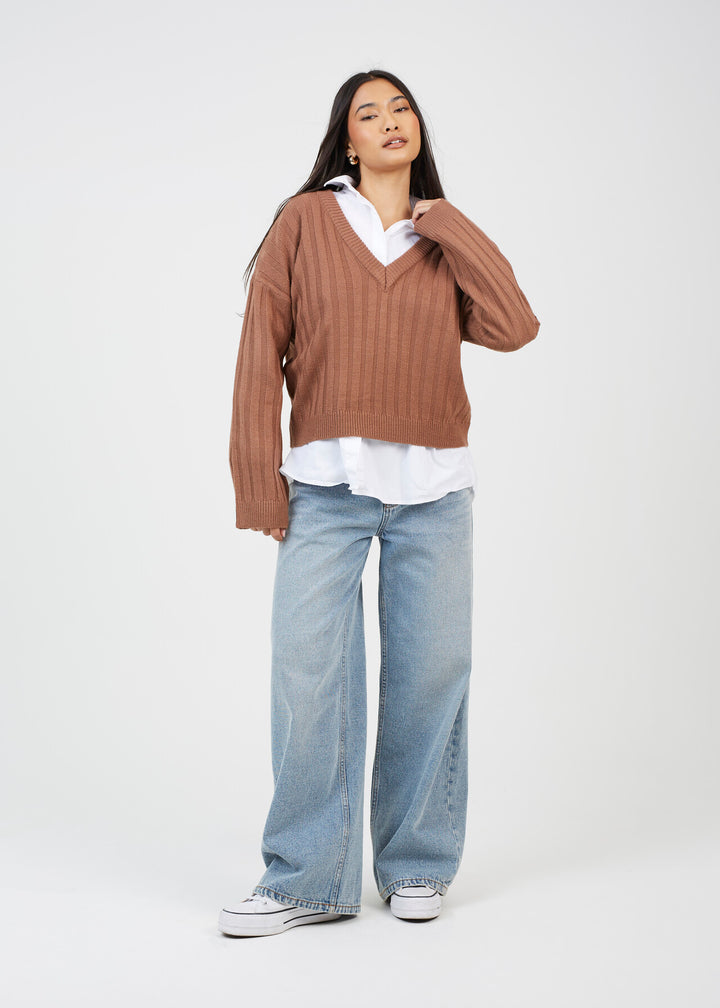 BOXY WIDE SLEEVE RIBBED JUMPER, MOCHA