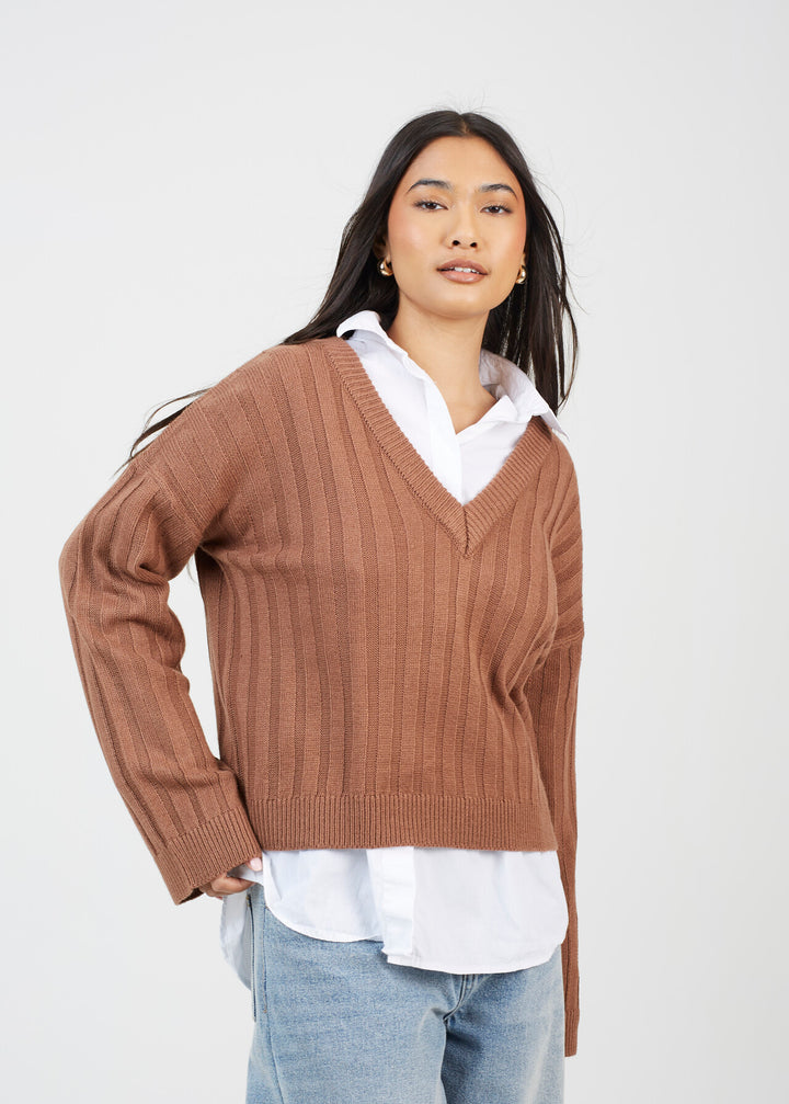 BOXY WIDE SLEEVE RIBBED JUMPER, MOCHA