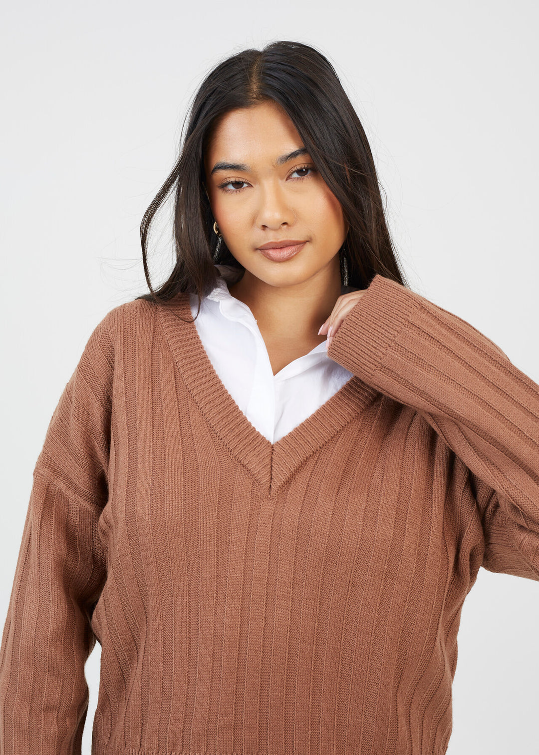 BOXY WIDE SLEEVE RIBBED JUMPER, MOCHA