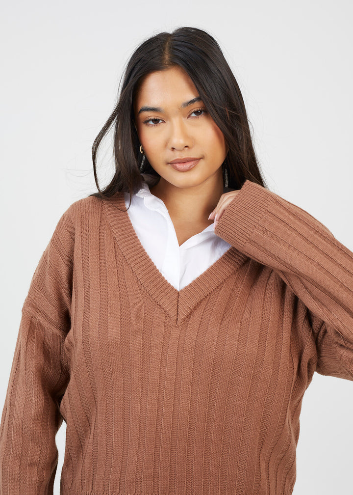 BOXY WIDE SLEEVE RIBBED JUMPER, MOCHA