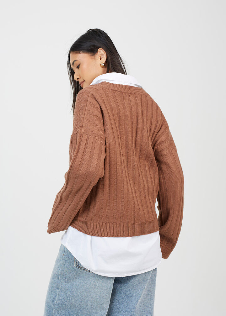 BOXY WIDE SLEEVE RIBBED JUMPER, MOCHA