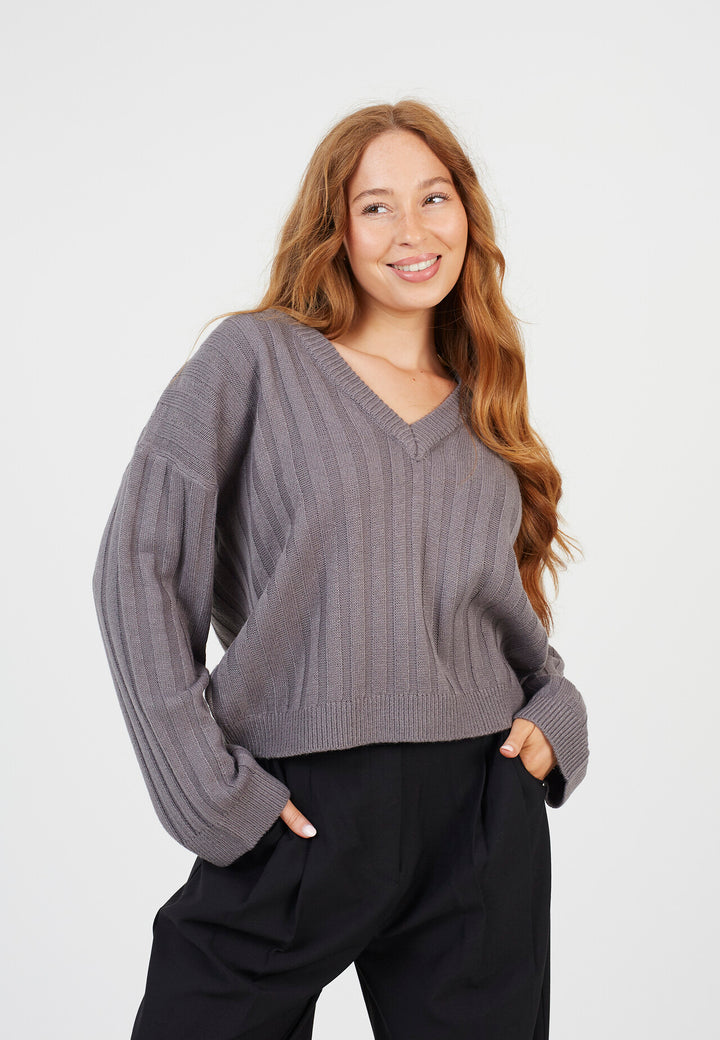 BOXY WIDE SLEEVE RIBBED JUMPER, MID-GREY