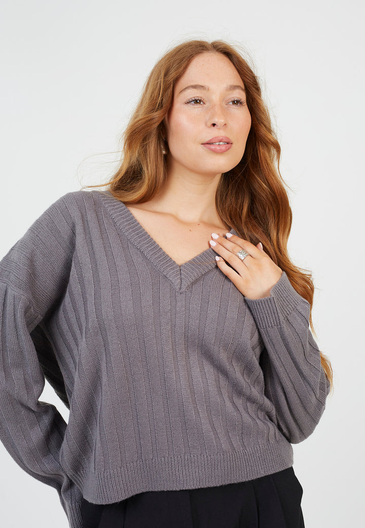 BOXY WIDE SLEEVE RIBBED JUMPER, MID-GREY