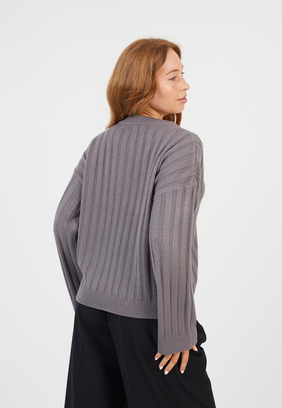 BOXY WIDE SLEEVE RIBBED JUMPER, MID-GREY