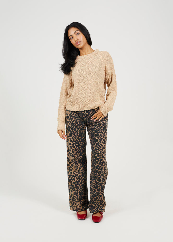 TEXTURED POPCORN CREW NECK LOOSE FIT JUMPER, BEIGE