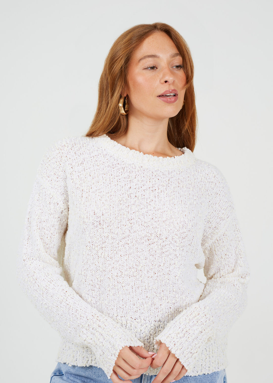TEXTURED POPCORN CREW NECK LOOSE FIT JUMPER, CREAM