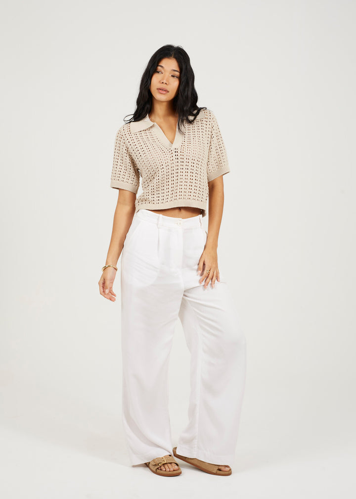 KNITTED CROPPED COLARED T-SHIRT, STONE