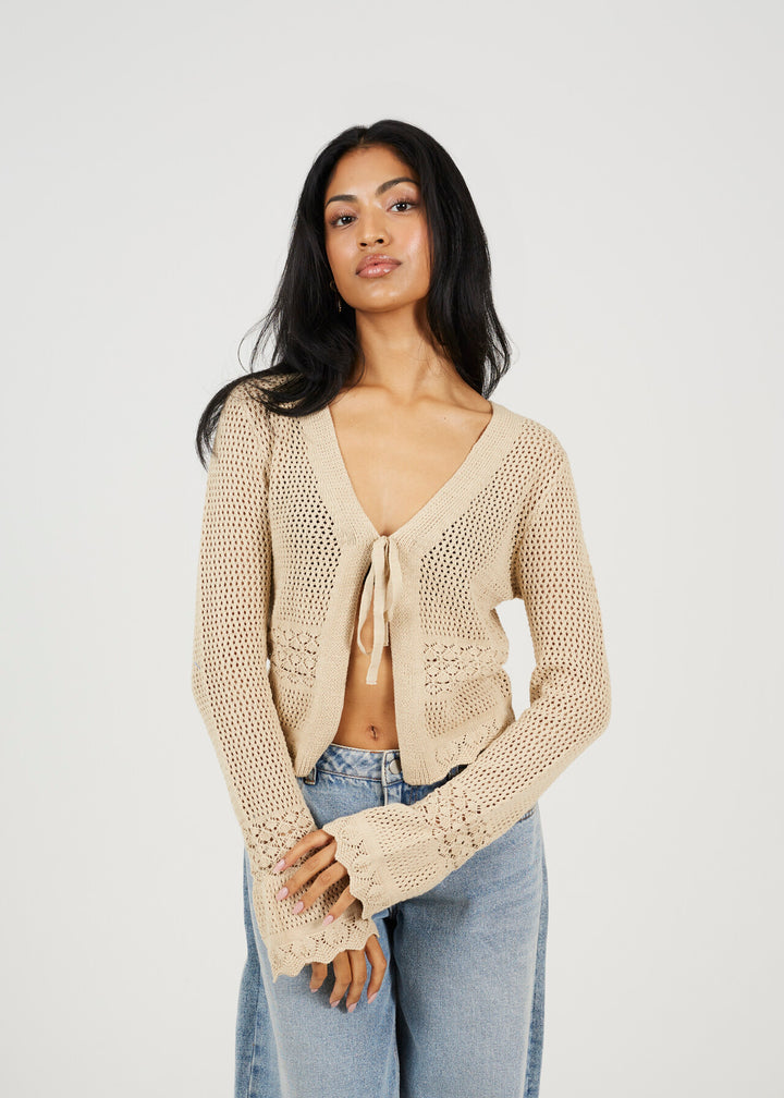 V-NECK TIE CARDIGAN WITH FLARED CUFF AND MIXED STITCH, STONE