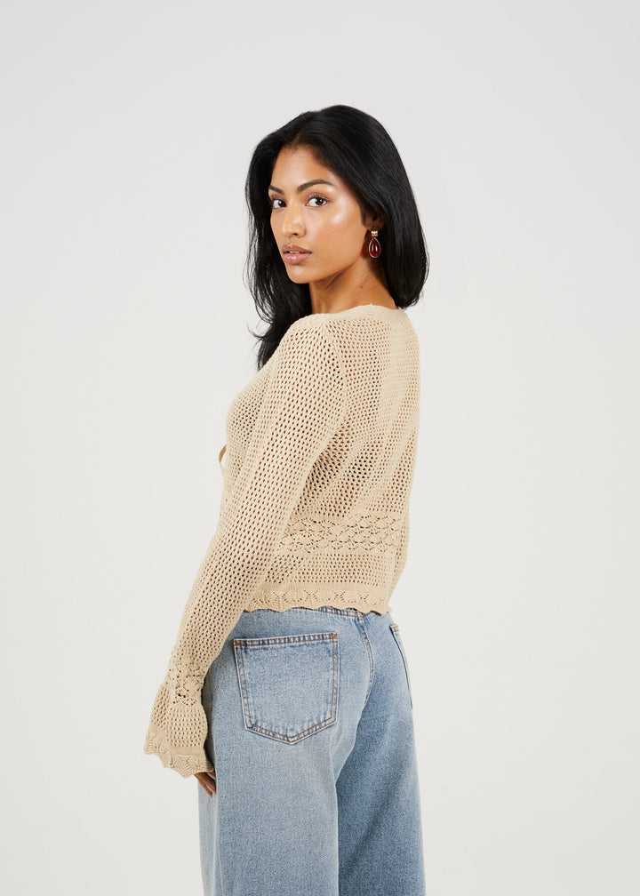 V-NECK TIE CARDIGAN WITH FLARED CUFF AND MIXED STITCH, STONE