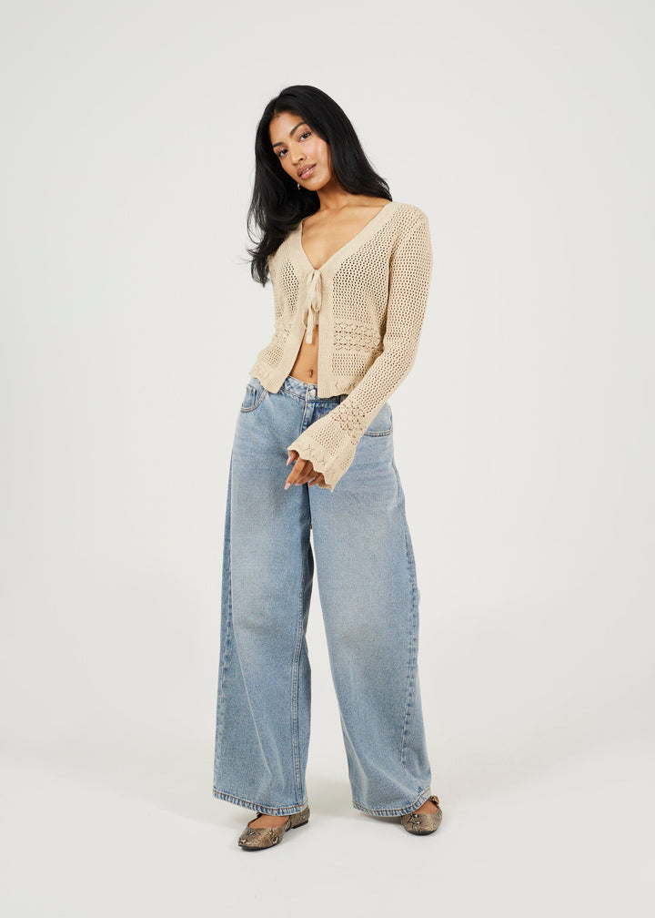 V-NECK TIE CARDIGAN WITH FLARED CUFF AND MIXED STITCH, STONE