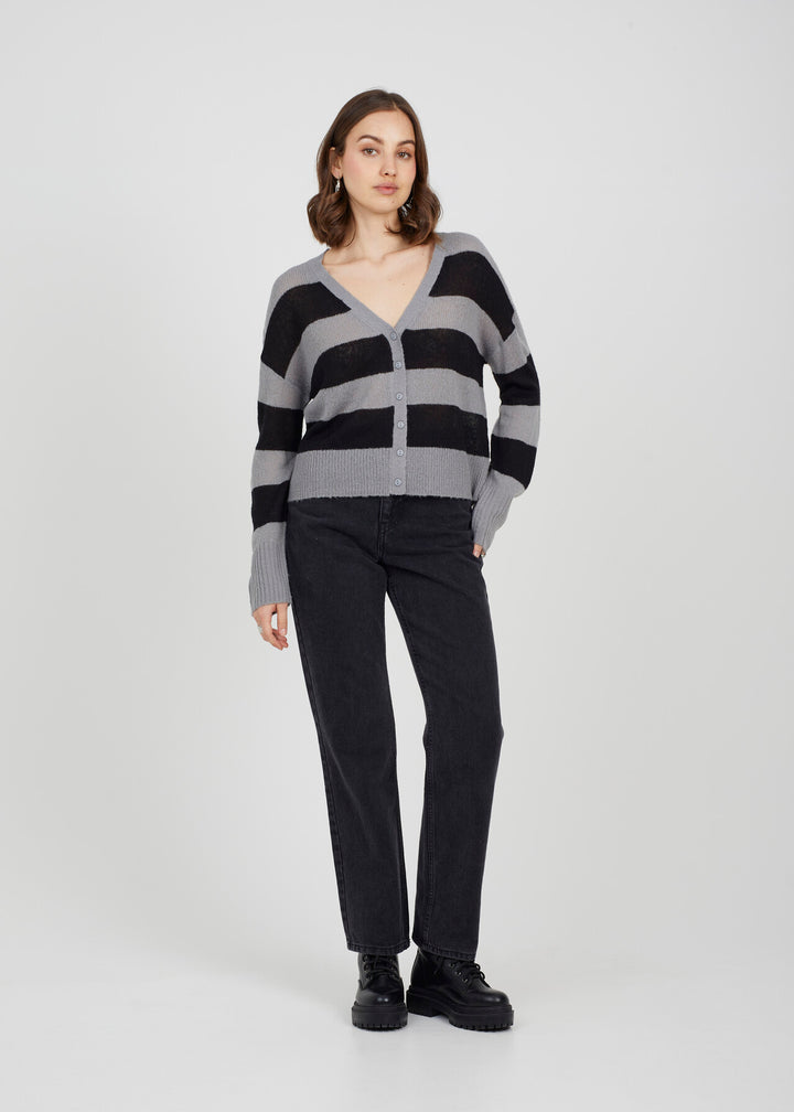 LOOSE KNIT STRIPE CARDIGAN, GREY & BLACK