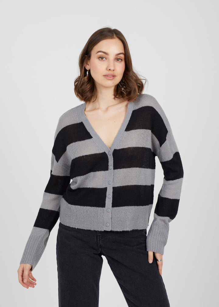 LOOSE KNIT STRIPE CARDIGAN, GREY & BLACK