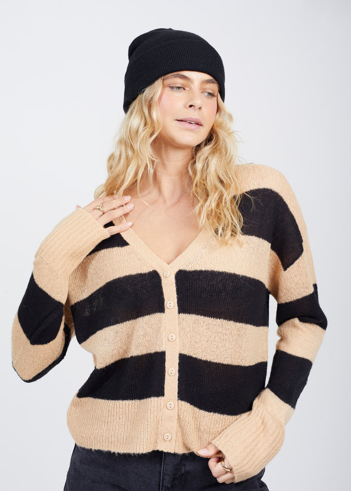 LOOSE KNIT STRIPE CARDIGAN, CAMEL & BLACK
