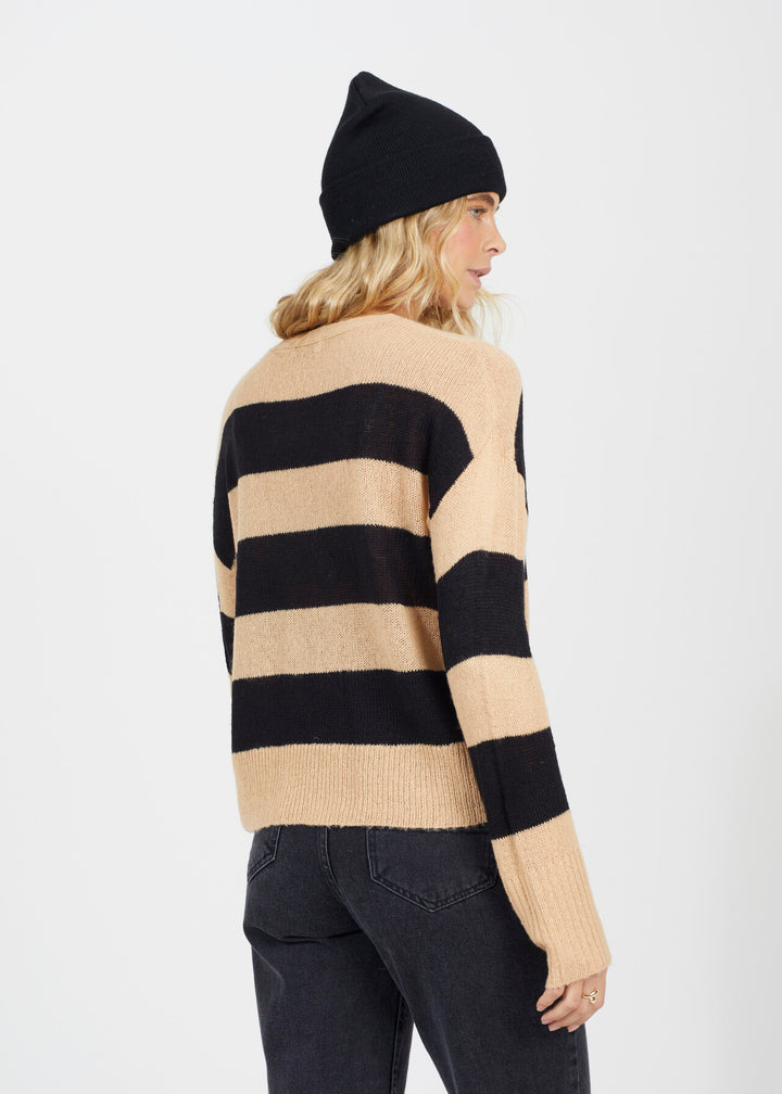LOOSE KNIT STRIPE CARDIGAN, CAMEL & BLACK