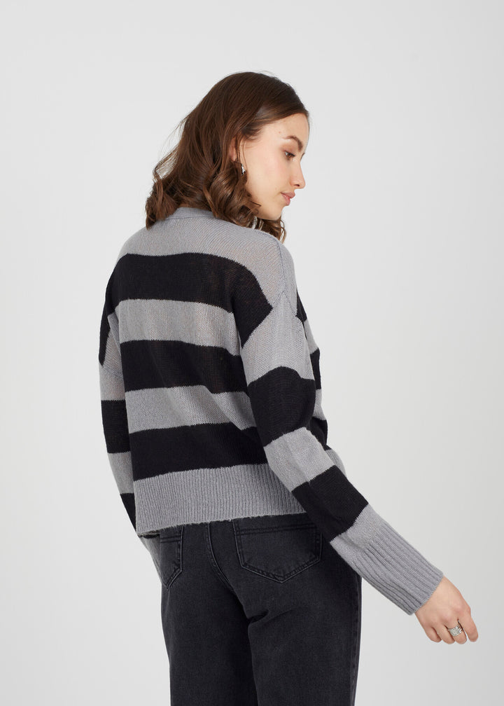 LOOSE KNIT STRIPE CARDIGAN, GREY & BLACK