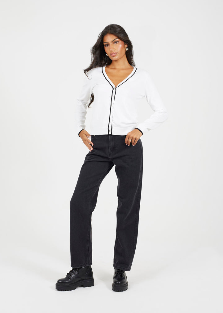 FINE KNIT CARDIGAN WITH TIPPING DETAIL, WHITE