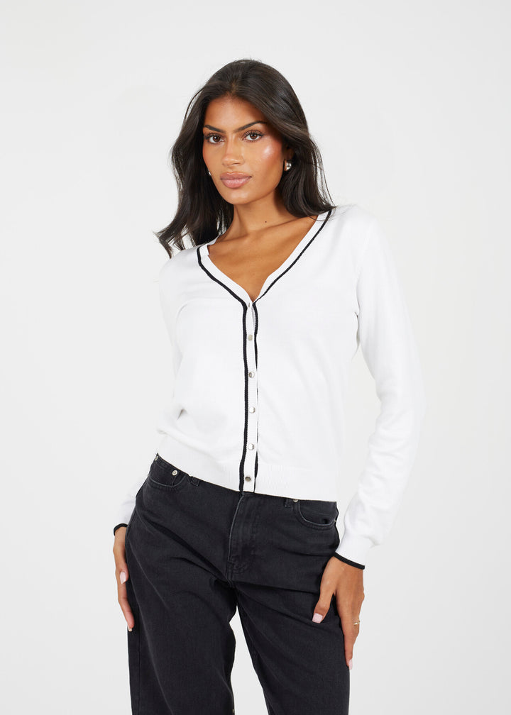 FINE KNIT CARDIGAN WITH TIPPING DETAIL, WHITE