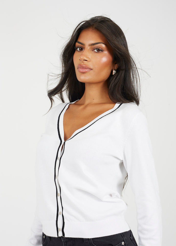 FINE KNIT CARDIGAN WITH TIPPING DETAIL, WHITE